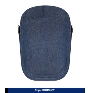 Top view of dark blue denim beret cap showing premium twill texture and stitching details