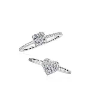 S925 sterling silver heart and square zircon rings with reflective mirror finish