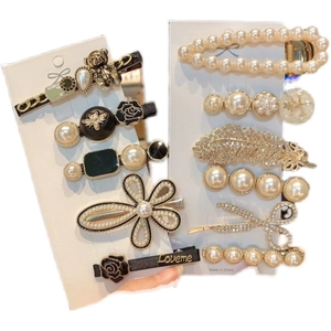6-piece bear and feather hair clip set with pearls and rhinestones in Korean retro style