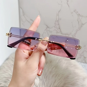 Fashion rimless rectangular sunglasses with purple gradient lenses and gold metal frame