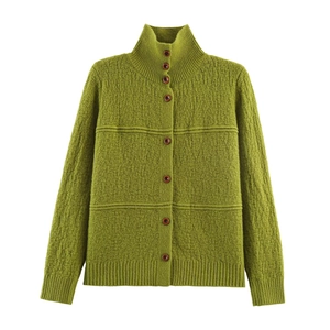 Women's mock neck button-up knit cardigan in moss green with textured ribbed patterns