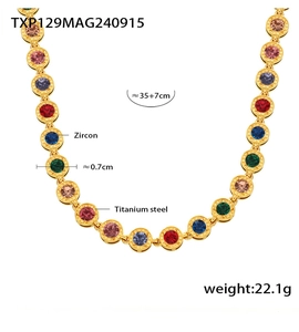 Close-up of titanium steel necklace with multi-color zircon stones and measurements