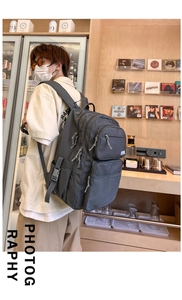 Detail of dark grey nylon backpack featuring multiple functional zipper compartments