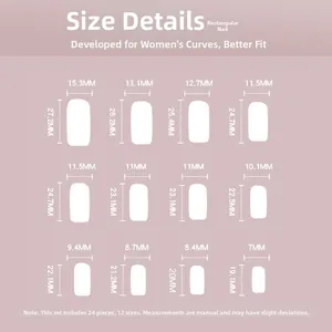 Guide des tailles pour faux ongles bleu et blanc avec 12 mesures précises en mm