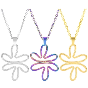 Detailed view of 18k gold plated stainless steel flower pendants in gold silver and rainbow
