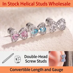 Bow Stud Earrings Titanium Steel Cubic Zirconia Screw Back Cartilage Piercing Ribbon Design Princess Jewelry For Women Girls