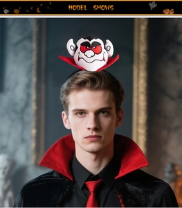 Detail view of a vampire themed Halloween headband worn by a model in party setting