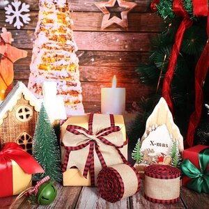 Christmas burlap ribbon with red-black plaid edges for tree and gift box decoration