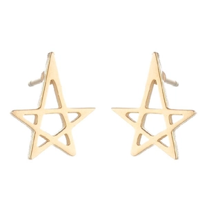 Close-up of golden hollow star stud earrings with a minimalist geometric double star design
