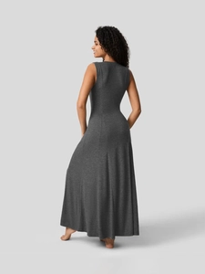 Elegante vestido largo de punto gris oscuro sin mangas con silueta evasé y espalda abierta