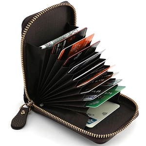 Minimalist brown lychee leather accordion card wallet with multi-slot gold zipper design