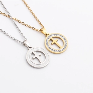 Cross Pendant Necklace Stainless Steel With Rhinestone And Mother Of Artificial Pearl Hollow Round Religious Jewelry For Women