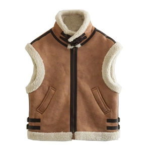 Detail shot of brown faux suede vest with soft sherpa lining and notched lapel