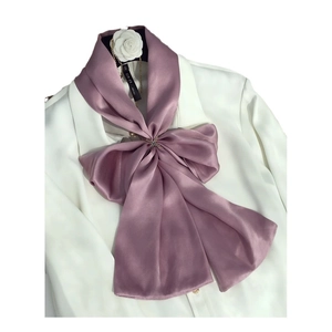 Purple pure silk necktie scarf with gold cross pin and white camellia on a shirt
