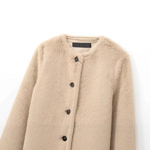 Women's beige faux fur jacket with round neck and black buttons for autumn fashion