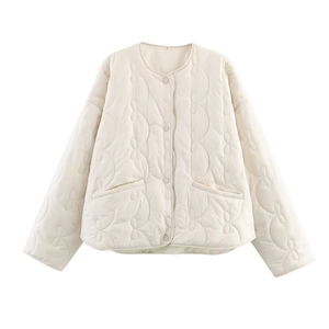 Veste Matelassée Femme Motif Fleur Nœud Col Rond Manches Longues Bouton Pression Vêtement Extérieur Décontracté Léger Chic