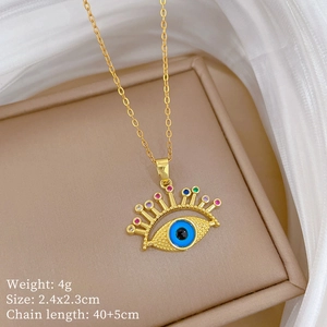 Detailed specs for colorful evil eye necklace: 4g weight, size 2.4x2.3cm, chain 40+5cm
