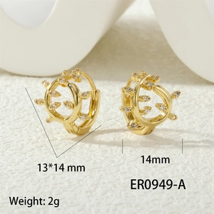 Detailed view of 14mm gold leaf earrings with cubic zirconia and dimension labels