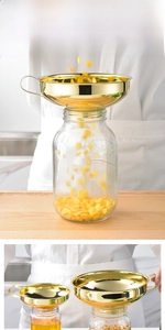 Polished gold wide mouth canning funnel with handle shown in two sizes and use