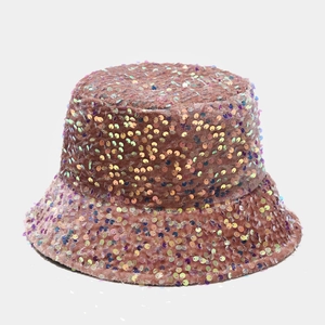 Double-sided pink sequin bucket hat for women featuring a stylish metallic rose gold finish