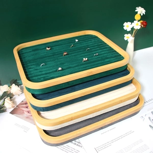 Multi-tier bamboo jewelry display trays for rings with colorful velvet linings