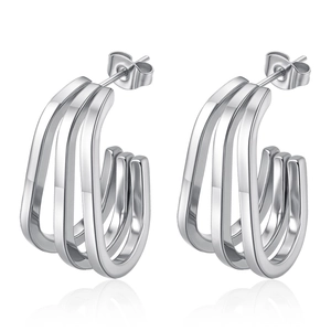 Minimalist double-layered silver stainless steel C-shaped hoop earrings for women