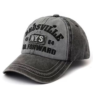 Washed denim baseball cap with vintage embroidery and distressed finish in dark grey