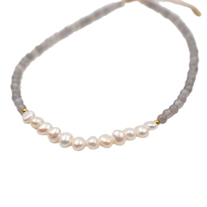 Collier vintage français en pierre de lune et perles d'eau douce avec perles d'or