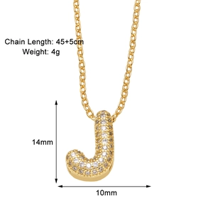 Detail showing dimensions of gold plated J letter necklace with cubic zirconia