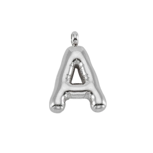 Chubby silver puff balloon letter A pendant in polished stainless steel for necklaces