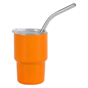Orange 3oz stainless steel mini tumbler with clear lid and curved metal straw