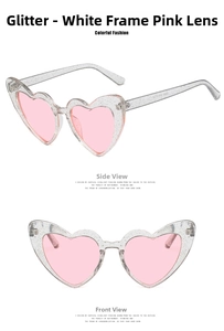 Detail of glitter heart sunglasses with pink lenses and sparkling transparent frames