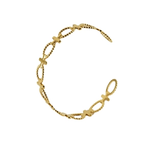 Gold hollow cross open bangle in polished stainless steel with oval chain design