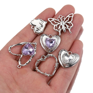 Lot de 6 pendentifs papillon Y2K et cœur en cristal violet pour bijoux DIY argentés