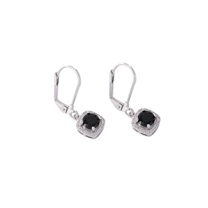 Elegant silver drop earrings with black round stone and square diamond halo setting