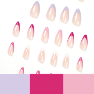 Almond-shaped French press-on nails in pink, purple and rose red on white background
