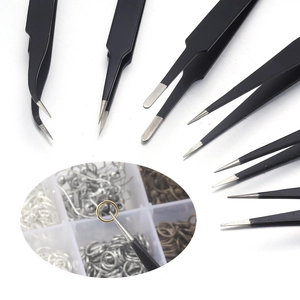 Black stainless steel precision tweezers set for DIY jewelry making and electronics