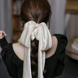 Oversized Satin Bow Scrunchie With Long Streamer French Vintage Elegant Hair Tie Ribbon Ponytail Holder For Women