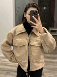 Women's khaki fleece zip-up jacket with lapel collar and large chest pockets