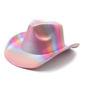 Vibrant holographic rainbow cowboy hat with metallic gradient finish for party festivals