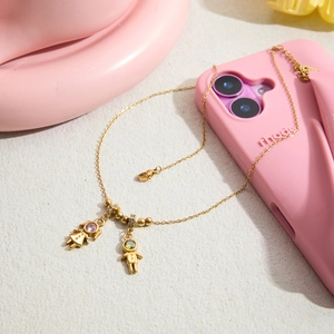 18K gold stainless steel chain with colorful boy and girl pendants and pink stones