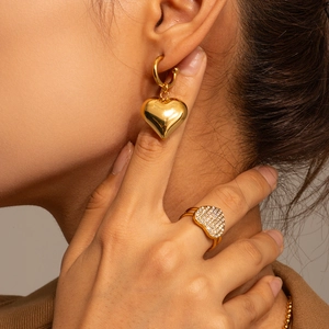 Vintage heart hoop earrings and pavé zircon heart ring set in 18K gold plated finish