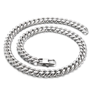 Classic silver stainless steel Cuban link necklace with polished finish on white background