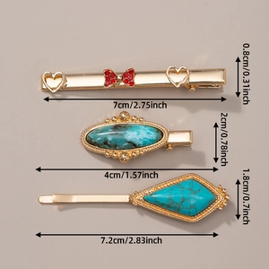 Detailed size chart for retro turquoise hair clips showing lengths and widths in cm