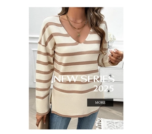 Detail of V-neck stripe sweater showing ribbed cuffs and delicate side slit design