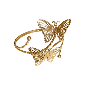 Golden open cuff bracelet featuring dual hollow butterfly designs in a polished finish