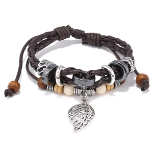 Multilayer braided leather bracelet with silver leaf charm and adjustable wooden beads