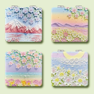 Portable folding square makeup mirrors with embossed floral oil painting art designs