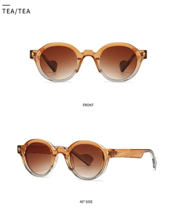 Detail view of tea-colored round sunglasses featuring front and 45-degree side angles
