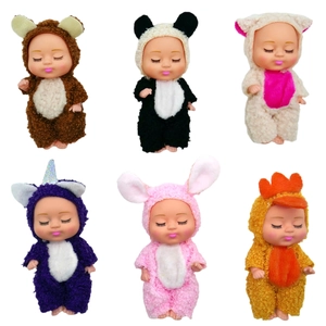 Set of six 5-inch 13cm sleeping BJD baby dolls in cute assorted animal onesies on white background